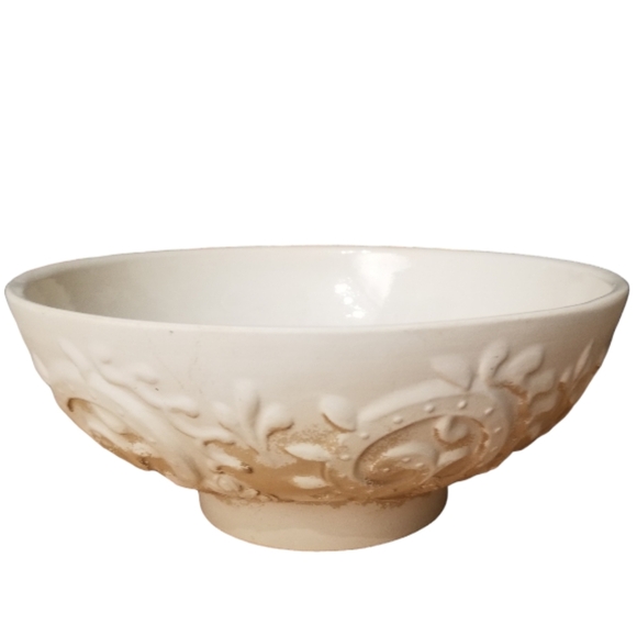 Haeger 102 Pedestal Bowl Beige Cream Tan Embossed Scroll Leaf Pattern USA - Picture 12 of 12